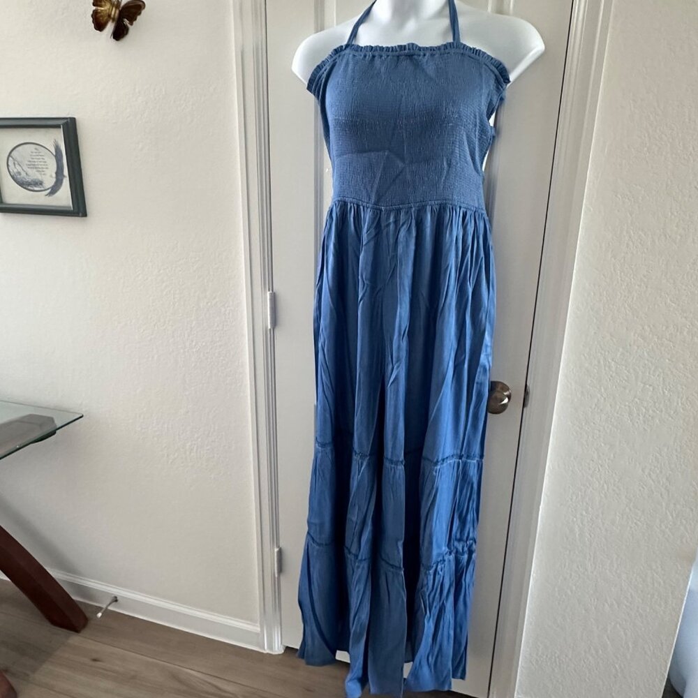 Blue Halter Neck Smocked Jumpsuit With Open Back & Wide Leg Pant For Size 2X - Picture 4 of 14